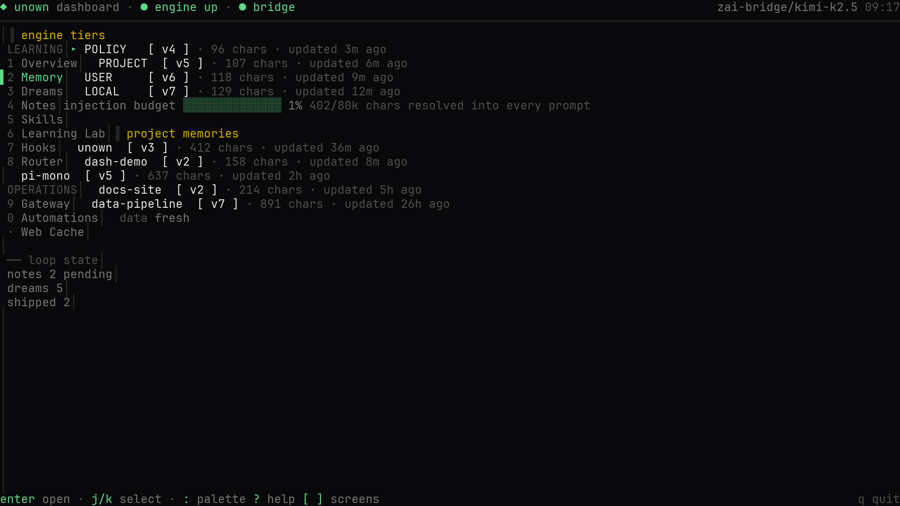 terminev dashboard — the Memory screen with the four engine tiers, per-project memories, injection budget and version history